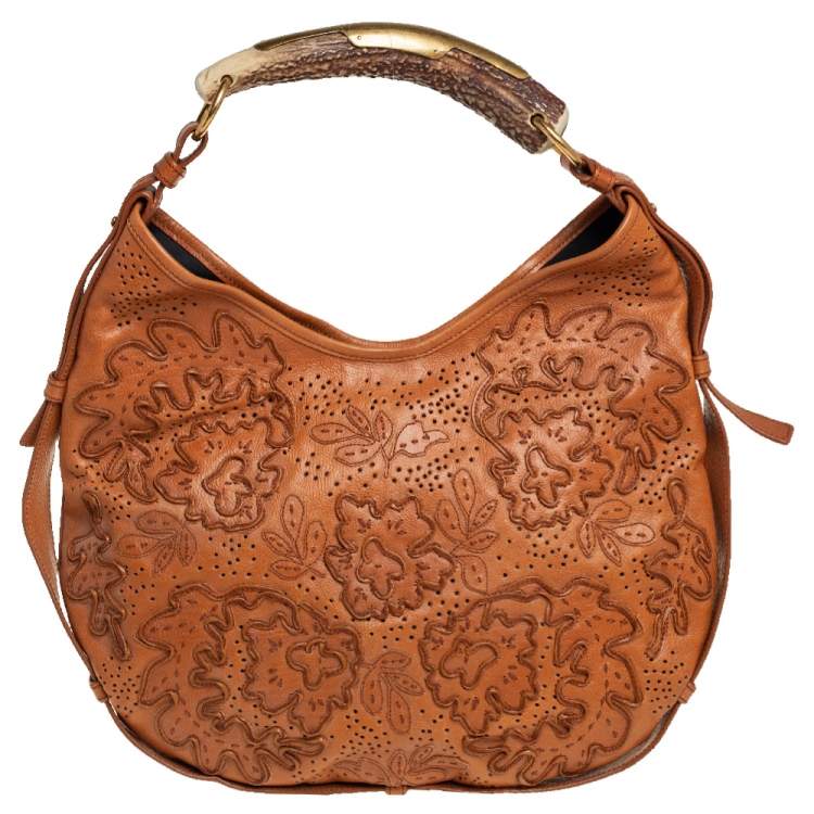 Pre Owned Yves Saint Laurent Tan Embroidered Leather Mombasa Hobo