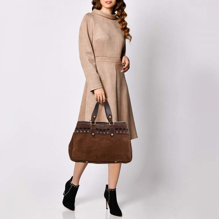 Pre Owned Yves Saint Laurent Brown Suede Eyelet Embellished Tote