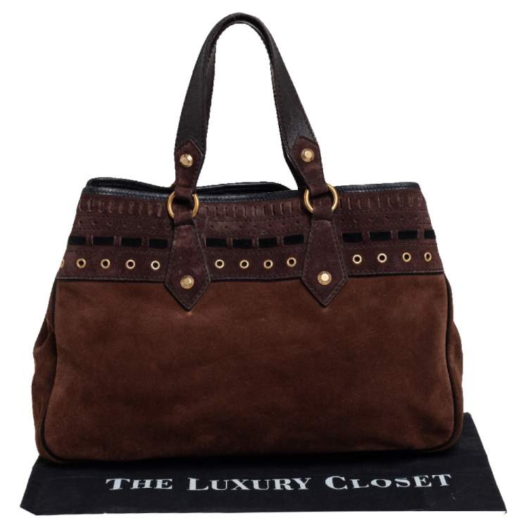 Pre Owned Yves Saint Laurent Brown Suede Eyelet Embellished Tote
