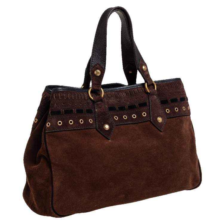 Pre Owned Yves Saint Laurent Brown Suede Eyelet Embellished Tote