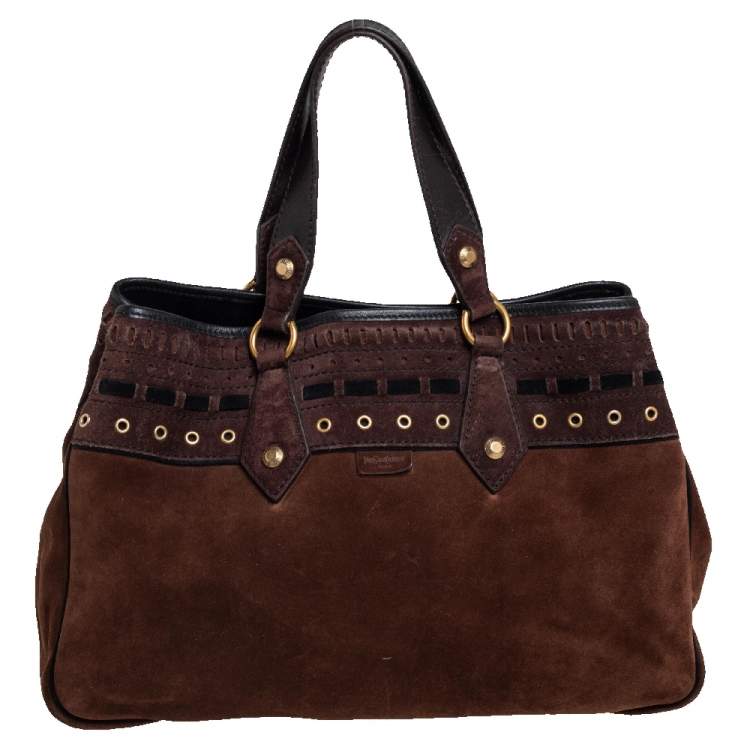 Pre Owned Yves Saint Laurent Brown Suede Eyelet Embellished Tote