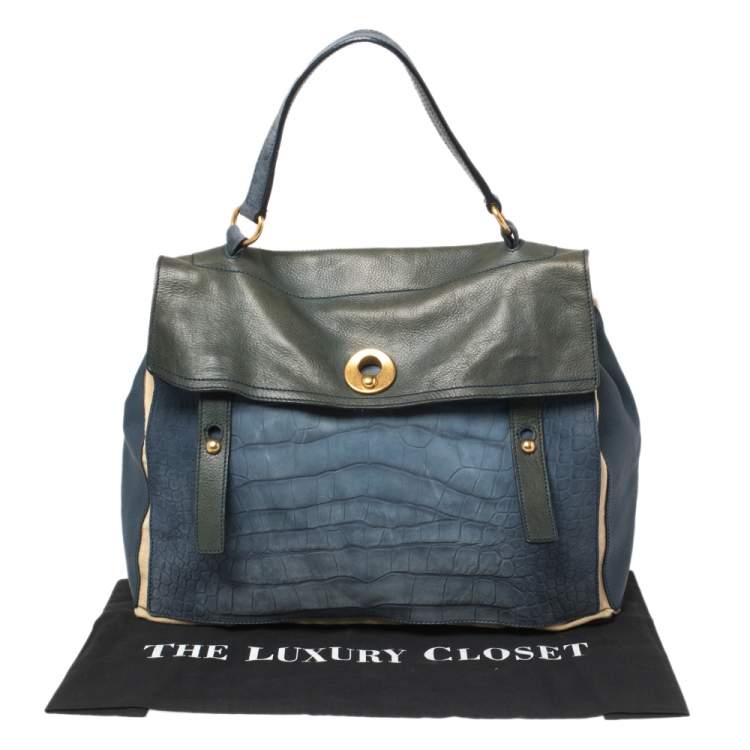 Pre Owned Yves Saint Laurent Tri Color Croc Embossed Leather and Canvas Large Muse Two Top Handle Bag