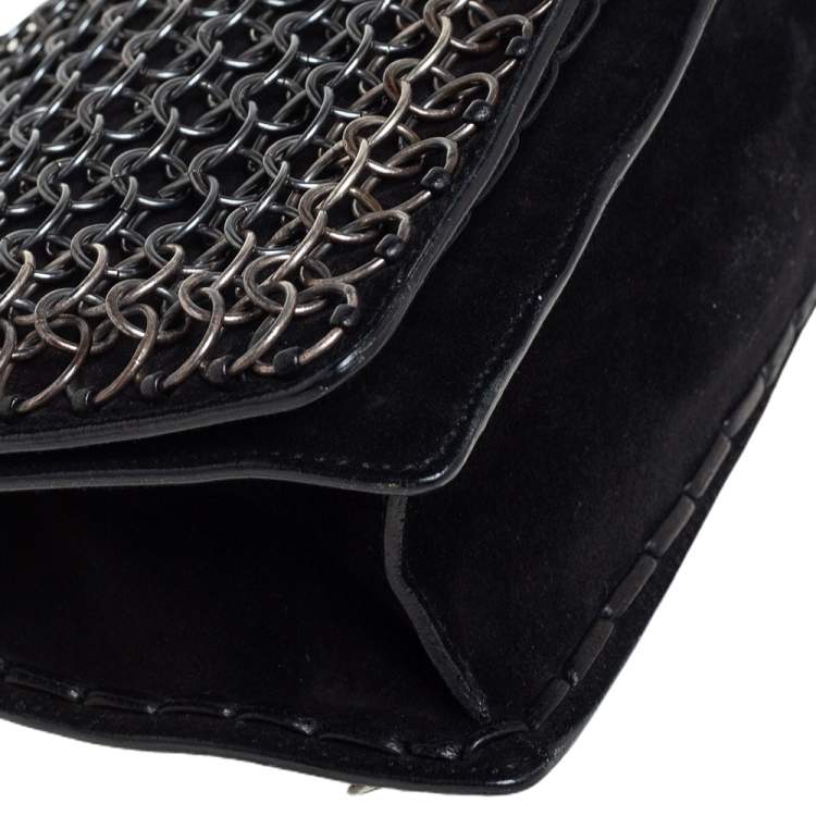 Pre Owned Yves Saint Laurent Black Suede and Leather Chain Link Flap Shoulder Bag 