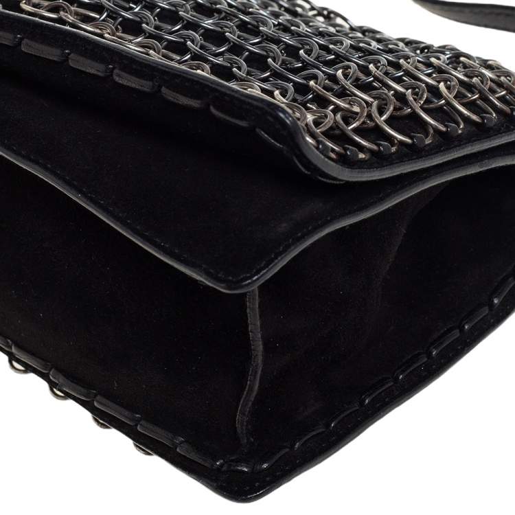 Pre Owned Yves Saint Laurent Black Suede and Leather Chain Link Flap Shoulder Bag 