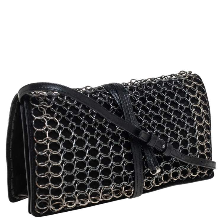 Pre Owned Yves Saint Laurent Black Suede and Leather Chain Link Flap Shoulder Bag 