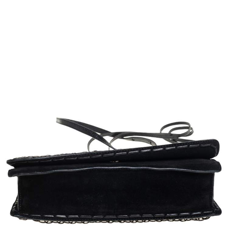 Pre Owned Yves Saint Laurent Black Suede and Leather Chain Link Flap Shoulder Bag 