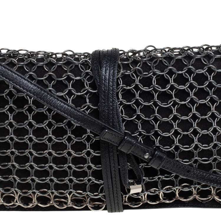 Pre Owned Yves Saint Laurent Black Suede and Leather Chain Link Flap Shoulder Bag 
