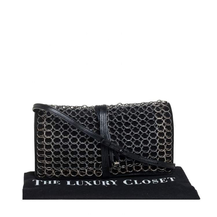 Pre Owned Yves Saint Laurent Black Suede and Leather Chain Link Flap Shoulder Bag 