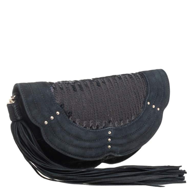 Pre Owned Yves Saint Laurent Suede and Sequins Fringe Flap Clutch