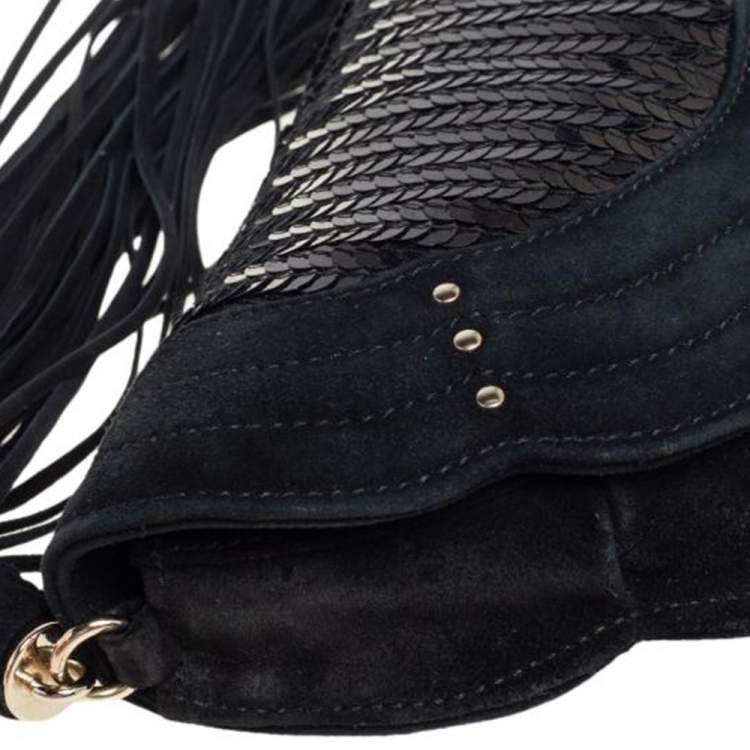Pre Owned Yves Saint Laurent Suede and Sequins Fringe Flap Clutch