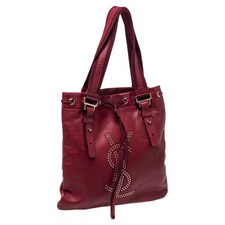 Pre Owned Yves Saint Laurent Maroon Leather Small Kahala Drawstring Tote