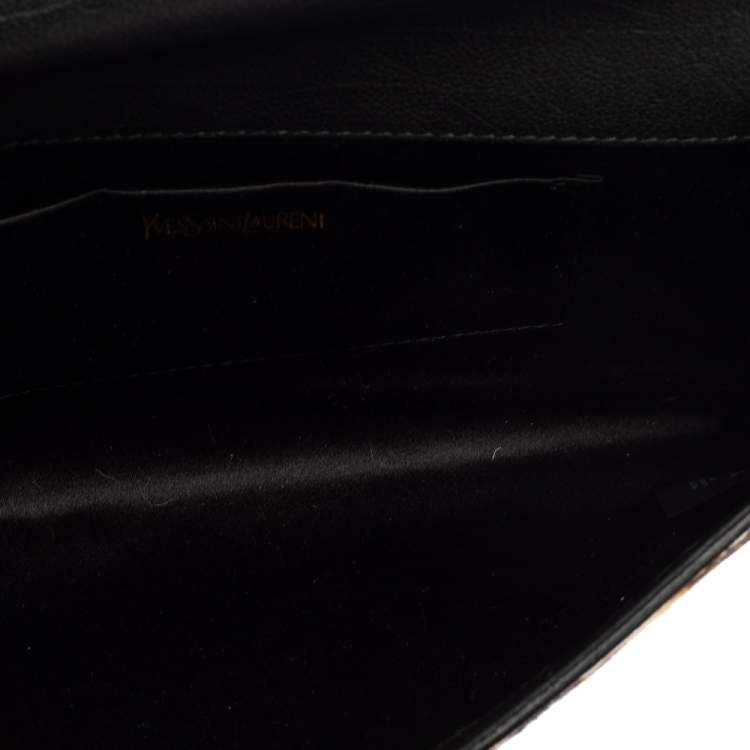 Pre Owned Yves Saint Laurent Brown/Black Leopard Print Calf Hair and Leather Chyc Clutch