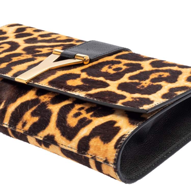 Pre Owned Yves Saint Laurent Brown/Black Leopard Print Calf Hair and Leather Chyc Clutch
