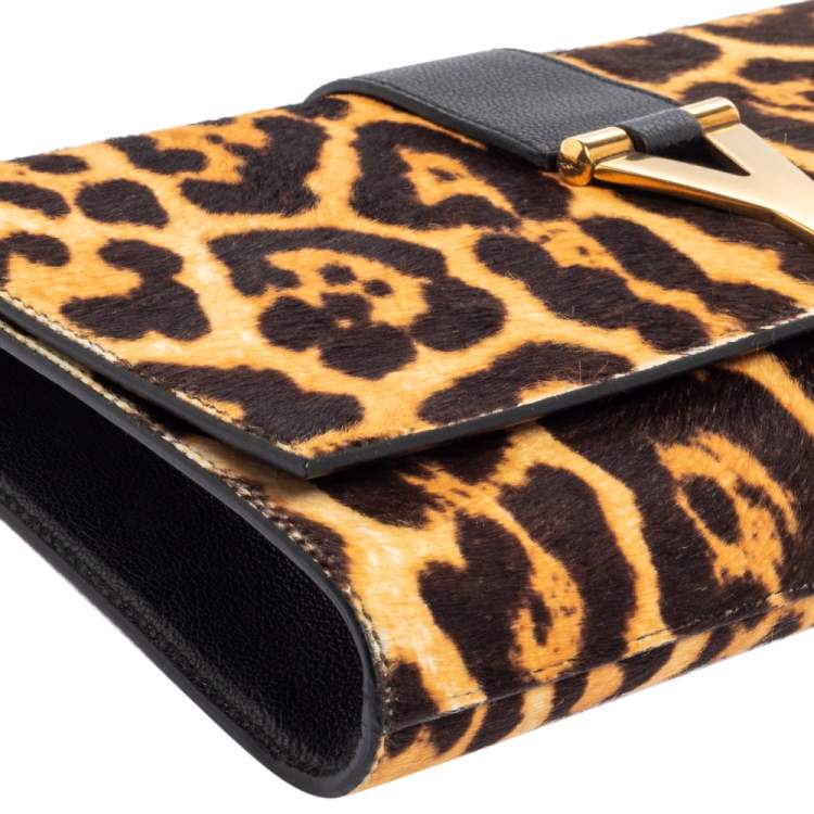 Pre Owned Yves Saint Laurent Brown/Black Leopard Print Calf Hair and Leather Chyc Clutch