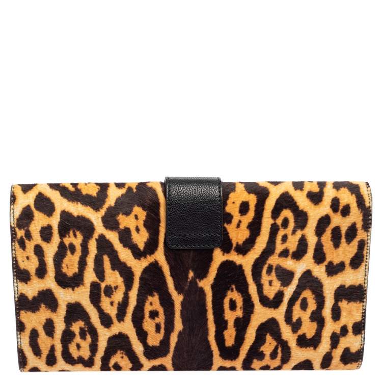 Pre Owned Yves Saint Laurent Brown/Black Leopard Print Calf Hair and Leather Chyc Clutch
