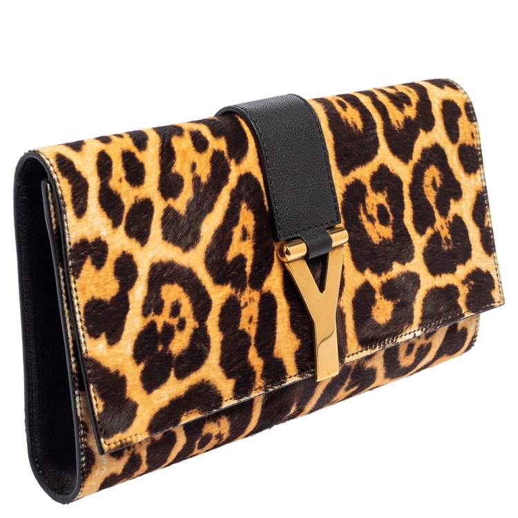 Pre Owned Yves Saint Laurent Brown/Black Leopard Print Calf Hair and Leather Chyc Clutch