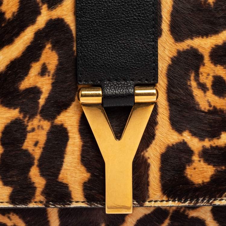 Pre Owned Yves Saint Laurent Brown/Black Leopard Print Calf Hair and Leather Chyc Clutch
