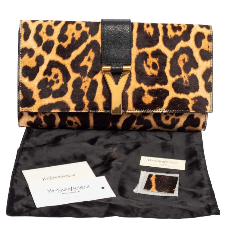 Pre Owned Yves Saint Laurent Brown/Black Leopard Print Calf Hair and Leather Chyc Clutch