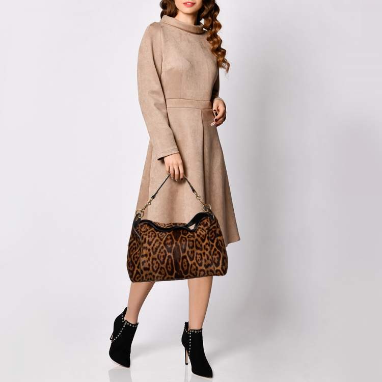 مملوكة مسبقًا Yves Saint Laurent Brown Leopard Print Calfhair Chain Hobo