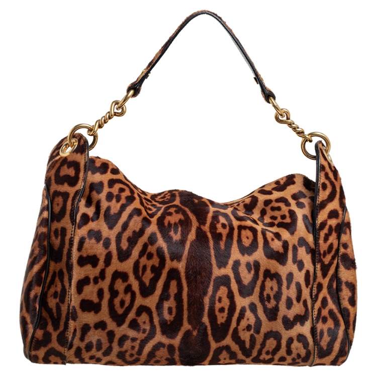 مملوكة مسبقًا Yves Saint Laurent Brown Leopard Print Calfhair Chain Hobo