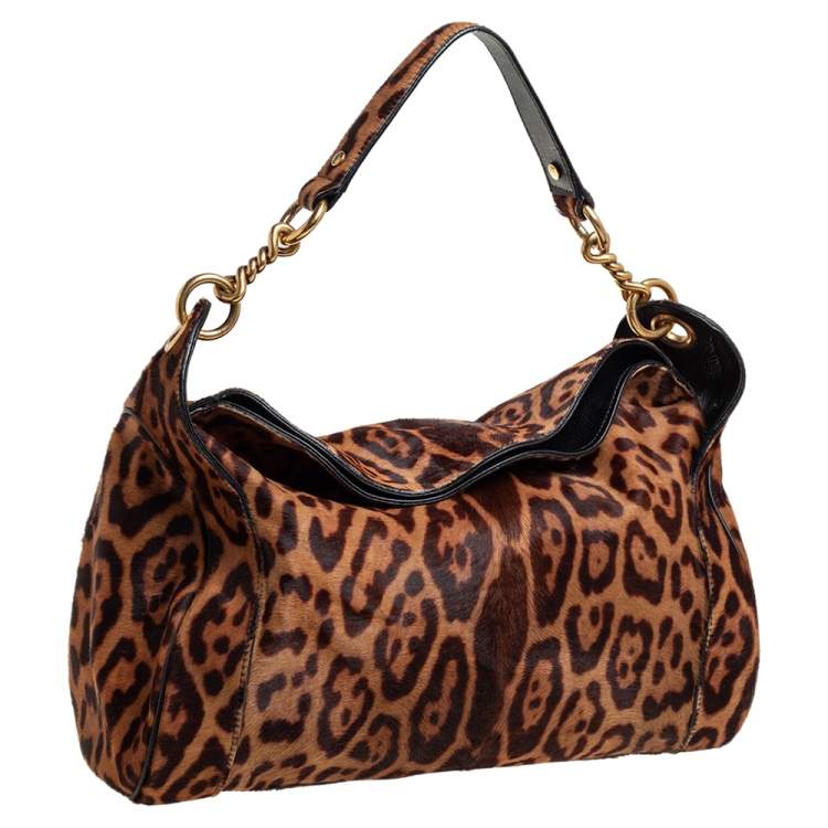 مملوكة مسبقًا Yves Saint Laurent Brown Leopard Print Calfhair Chain Hobo