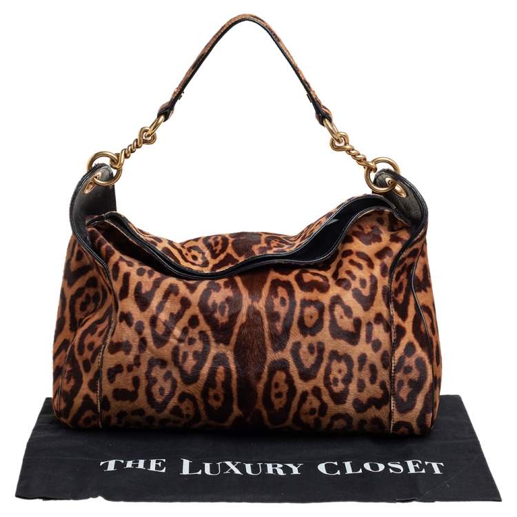 مملوكة مسبقًا Yves Saint Laurent Brown Leopard Print Calfhair Chain Hobo