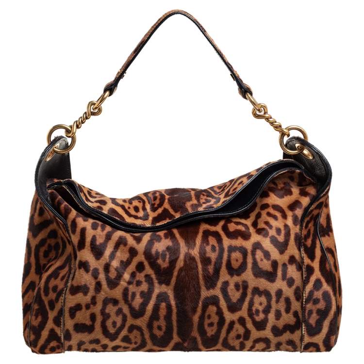 مملوكة مسبقًا Yves Saint Laurent Brown Leopard Print Calfhair Chain Hobo