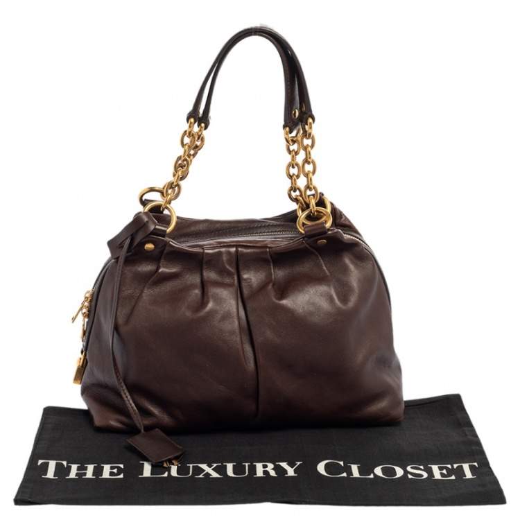 Pre Owned Yves Saint Laurent Dark Brown Pleated Leather Chain Satchel