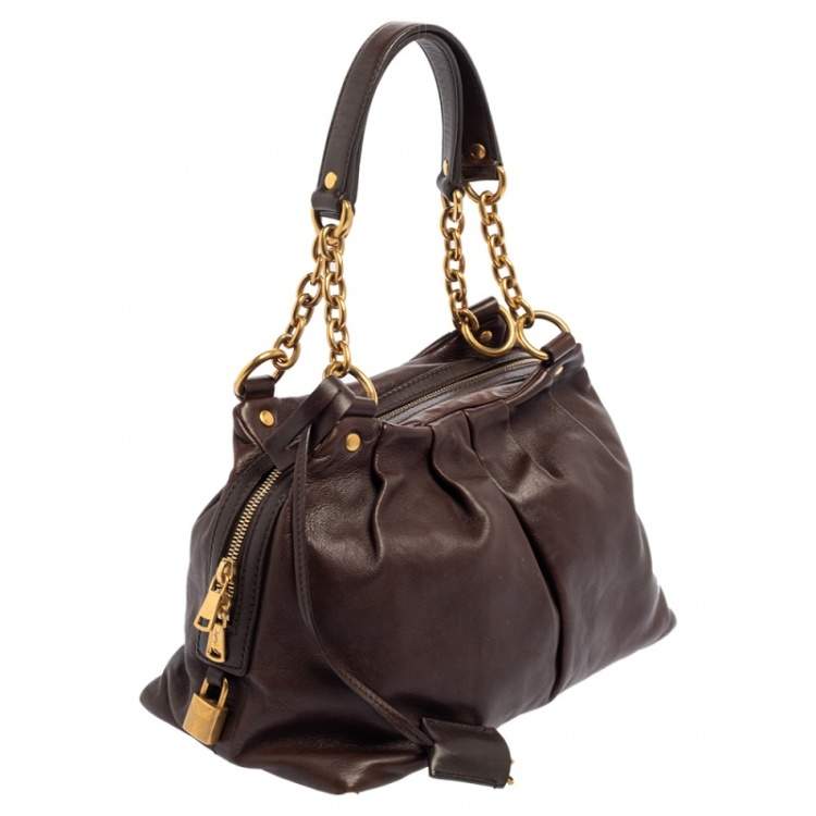 Pre Owned Yves Saint Laurent Dark Brown Pleated Leather Chain Satchel