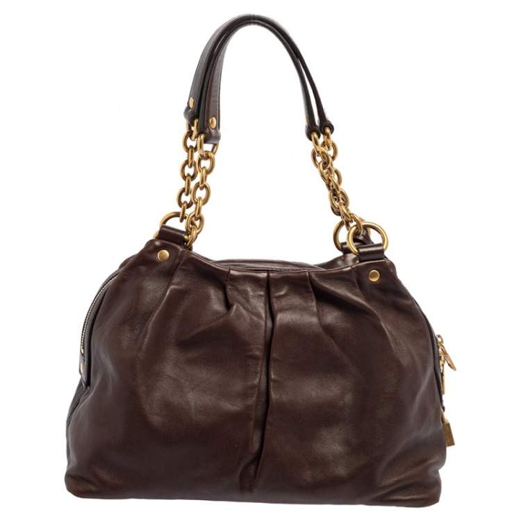 Pre Owned Yves Saint Laurent Dark Brown Pleated Leather Chain Satchel