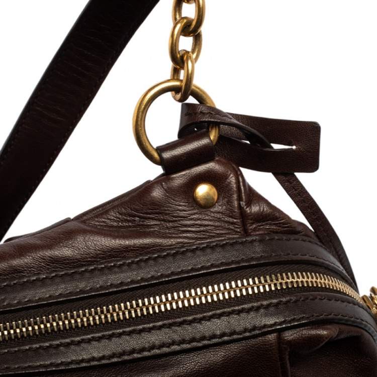 Pre Owned Yves Saint Laurent Dark Brown Pleated Leather Chain Satchel