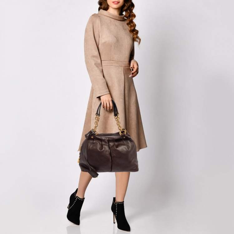 Pre Owned Yves Saint Laurent Dark Brown Pleated Leather Chain Satchel