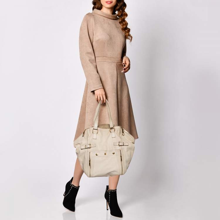 Pre Owned Yves Saint Laurent Cream White Leather Large Downtown Tote