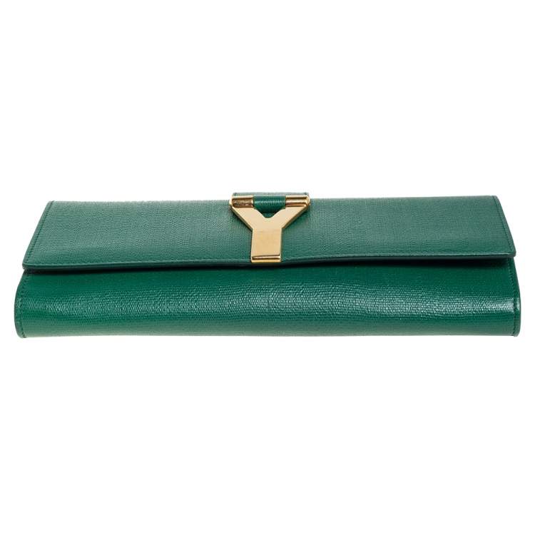 Pre Owned Yves Saint Laurent Green Leather Y-Ligne Clutch