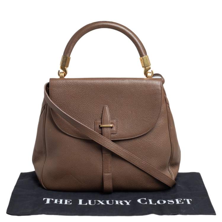 Pre Owned Yves Saint Laurent Dark Beige Leather Flap Top Handle Bag