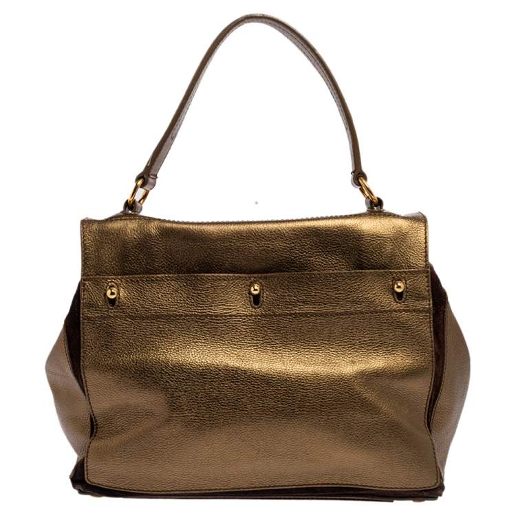 Pre Owned Yves Saint Laurent Metallic Gold Leather and Suede Medium Muse Top Handle Bag
