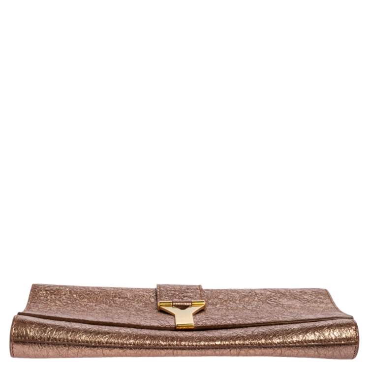 Pre Owned Yves Saint Laurent Metallic Pink Crinkled Leather Large Chyc Clutch