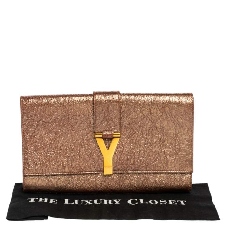 Pre Owned Yves Saint Laurent Metallic Pink Crinkled Leather Large Chyc Clutch