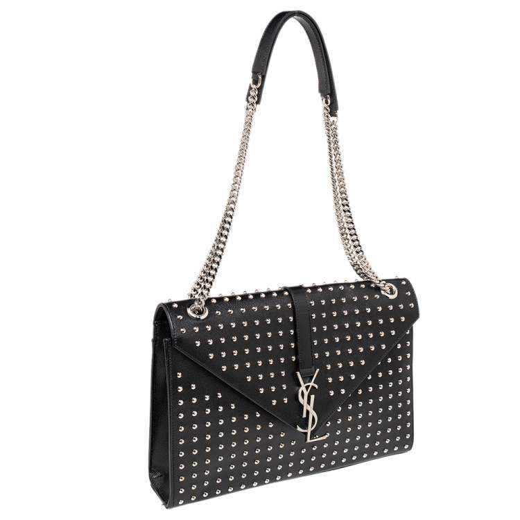 Pre Owned Saint Laurent Black Studded Leather Monogram Envelope Shoulder Bag