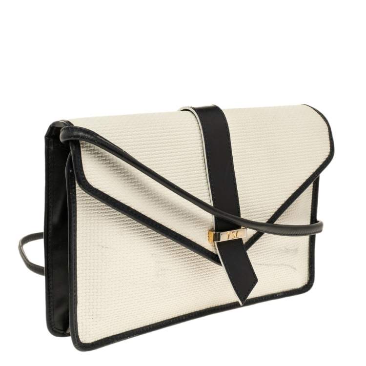 Pre Owned Yves Saint Laurent White/Blue Vintage Coated Canvas And Leather Shoulder Bag