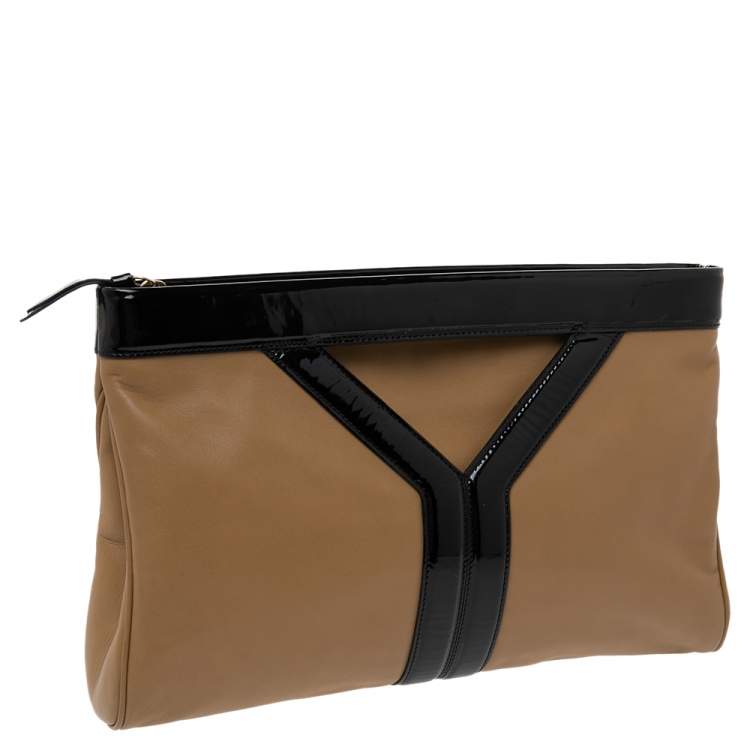 Pre Owned Yves Saint Laurent Beige/Black Patent Leather and Leather Cocktail Oversized Clutch