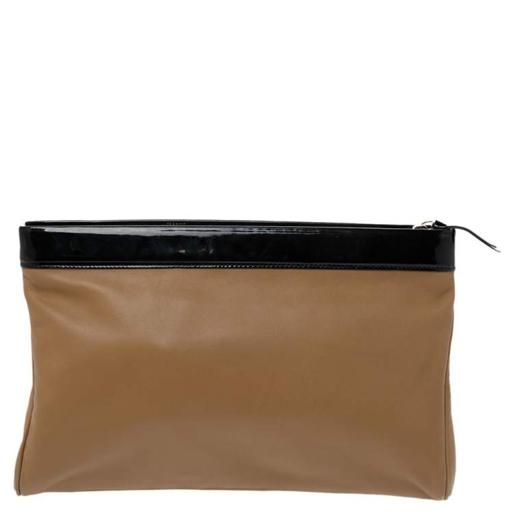 Pre Owned Yves Saint Laurent Beige/Black Patent Leather and Leather Cocktail Oversized Clutch