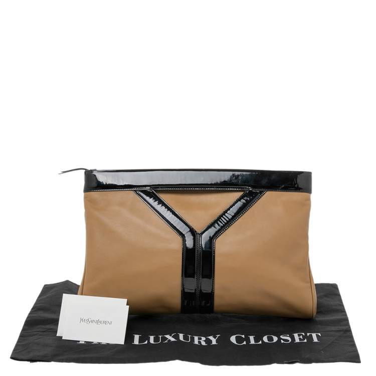 Pre Owned Yves Saint Laurent Beige/Black Patent Leather and Leather Cocktail Oversized Clutch
