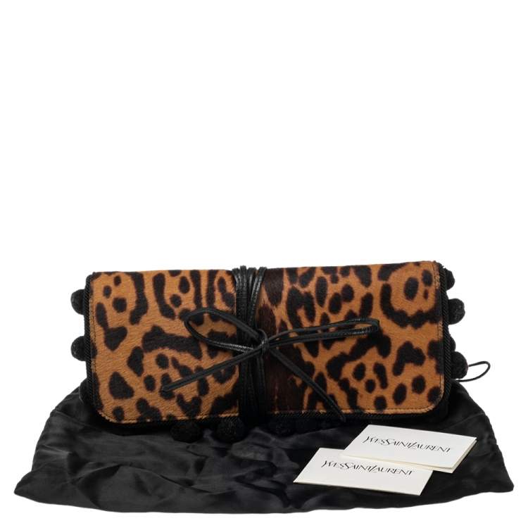 Pre Owned Yves Saint Laurent Brown/Beige Leopard Print Pony Hair Flap Clutch