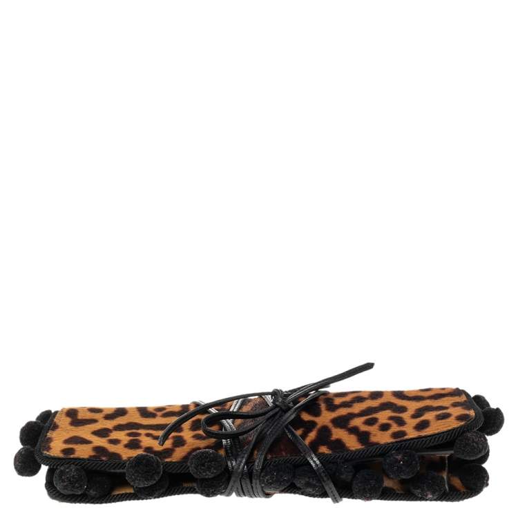 Pre Owned Yves Saint Laurent Brown/Beige Leopard Print Pony Hair Flap Clutch