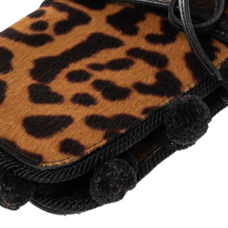 Pre Owned Yves Saint Laurent Brown/Beige Leopard Print Pony Hair Flap Clutch