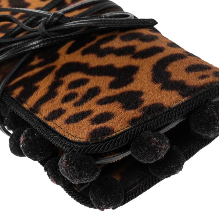Pre Owned Yves Saint Laurent Brown/Beige Leopard Print Pony Hair Flap Clutch