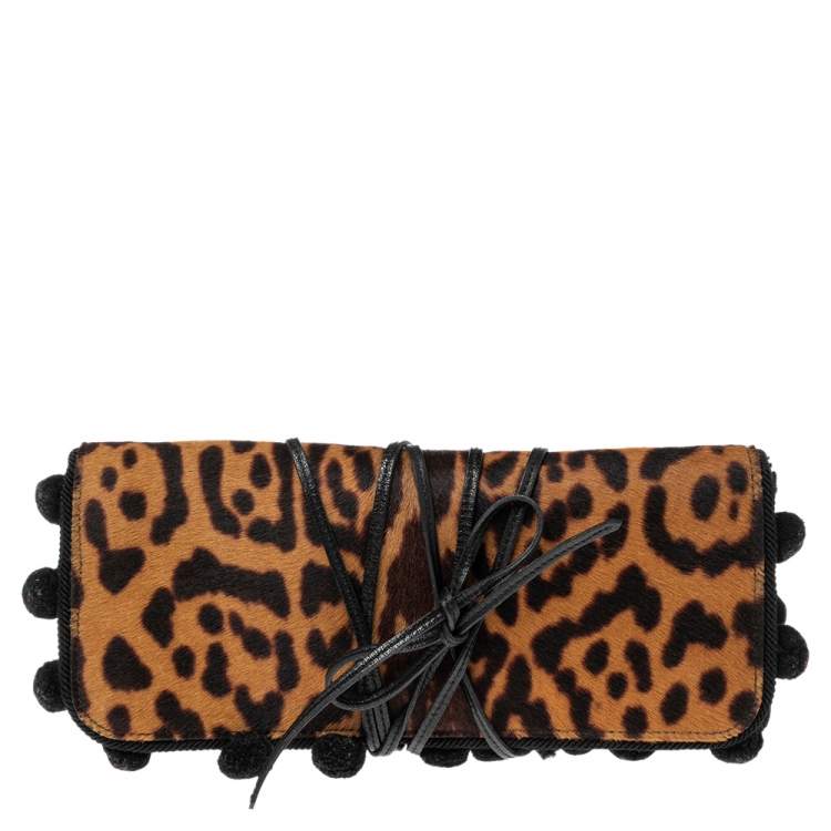 Pre Owned Yves Saint Laurent Brown/Beige Leopard Print Pony Hair Flap Clutch