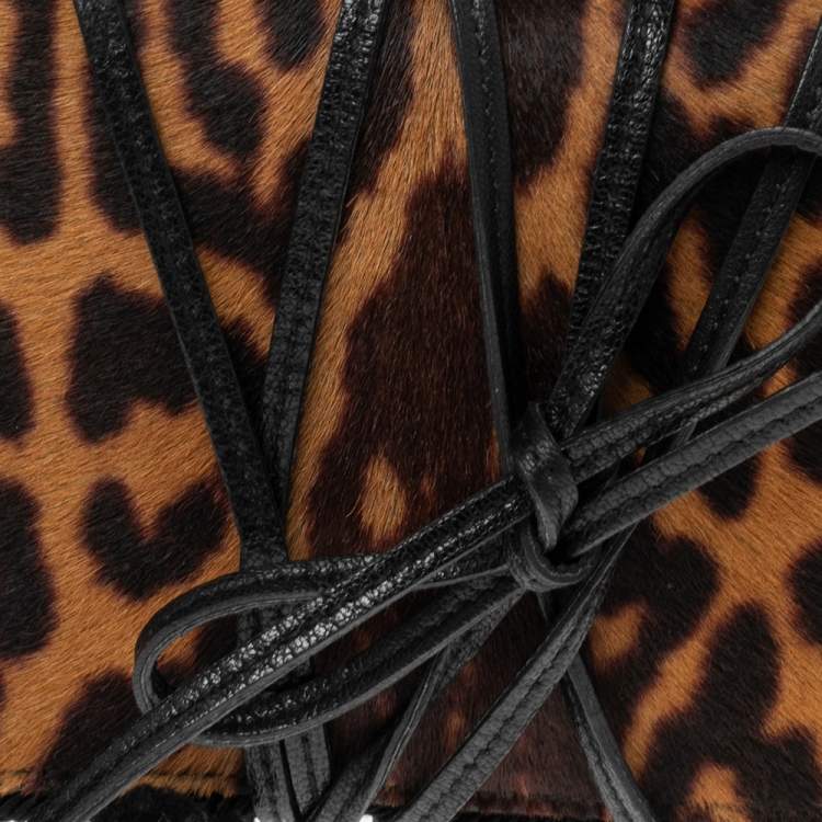 Pre Owned Yves Saint Laurent Brown/Beige Leopard Print Pony Hair Flap Clutch