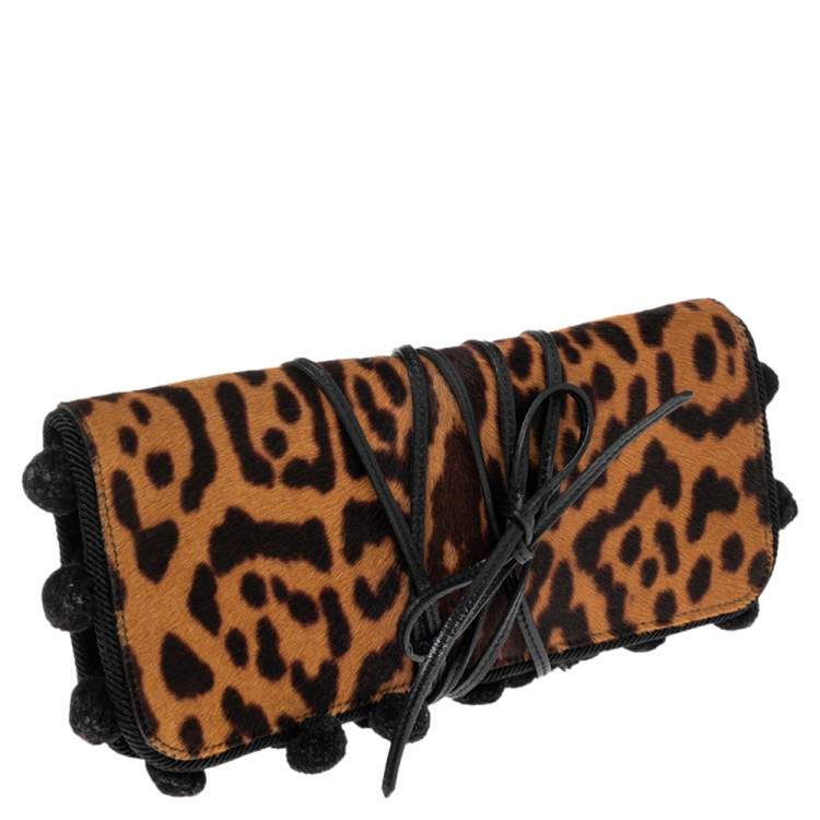 Pre Owned Yves Saint Laurent Brown/Beige Leopard Print Pony Hair Flap Clutch